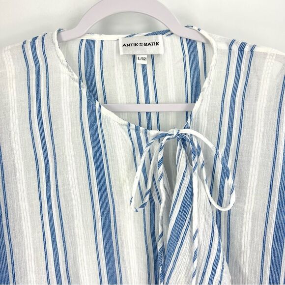 Antik Batik Serifos Ruffled Blue Striped Cotton Gauze Blouse Size L/42 - Picture 3 of 14